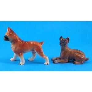 VINTAGE Ceramic Porcelain Boxer Dog Figurines Pair Brown White Fawn Glazed MCM